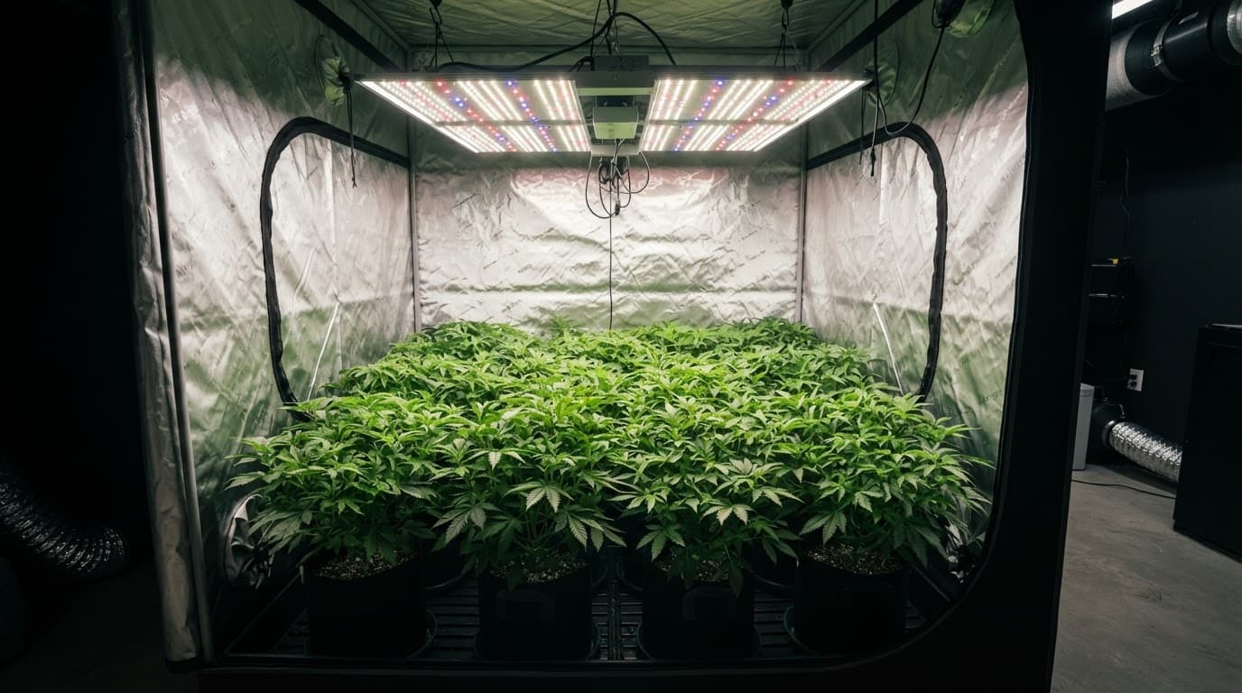 LED svjetlo ravnomjerno osvjetljava zdrave biljke u reflektirajućem growboxu.