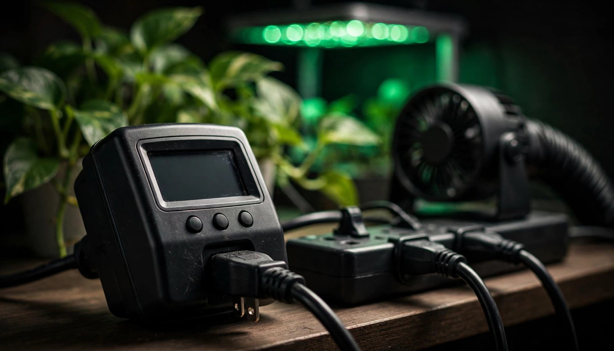Digitalni mjerač prati LED rasvjetu i ventilaciju uz zelene biljke.