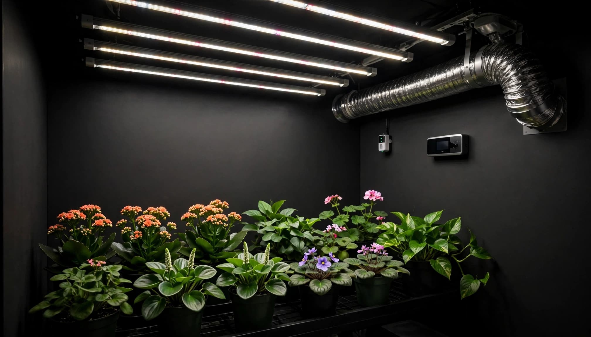 Biljke rastu ispod LED rasvjete uz ventilacijske kanale i regulator klime.