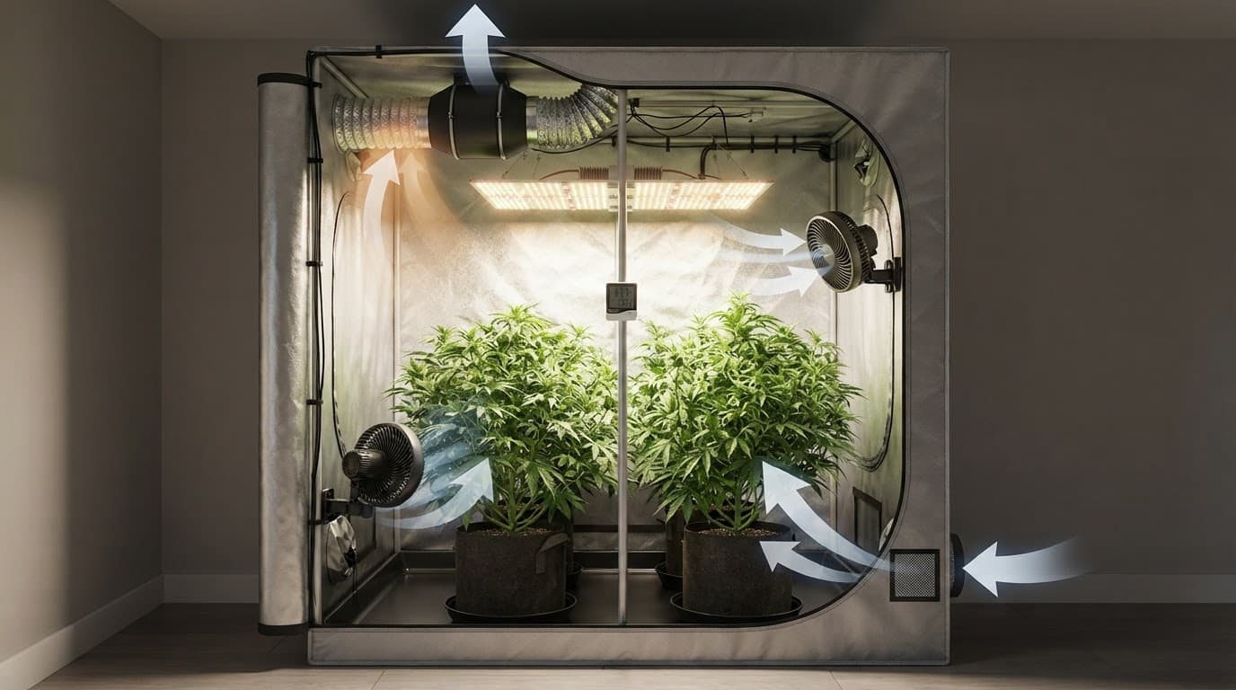 Growbox s biljkama, ventilatorima, higrometrom i prikazom strujanja zraka.