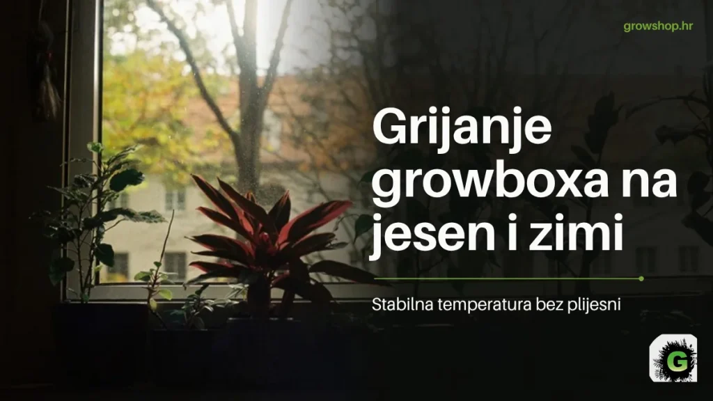 Sobne biljke na prozorskoj dasci uz jesenski pogled kroz prozor i naslov Grijanje growboxa na jesen i zimi