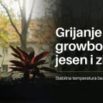 Sobne biljke na prozorskoj dasci uz jesenski pogled kroz prozor i naslov Grijanje growboxa na jesen i zimi