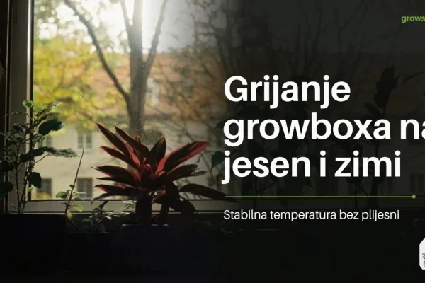 Sobne biljke na prozorskoj dasci uz jesenski pogled kroz prozor i naslov Grijanje growboxa na jesen i zimi