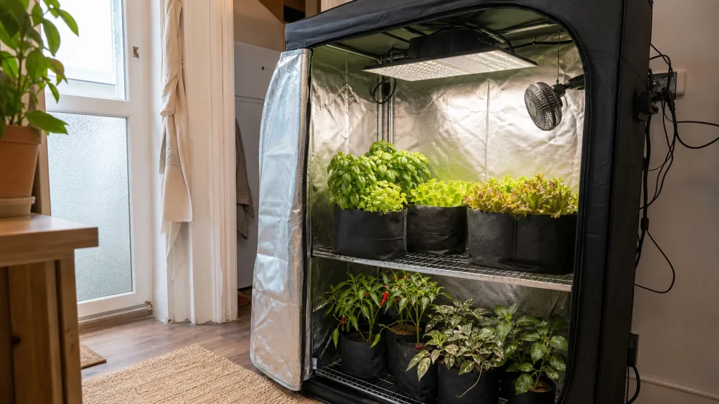 Otvoreni growbox s LED rasvjetom, bosiljkom, salatom i čili papričicama